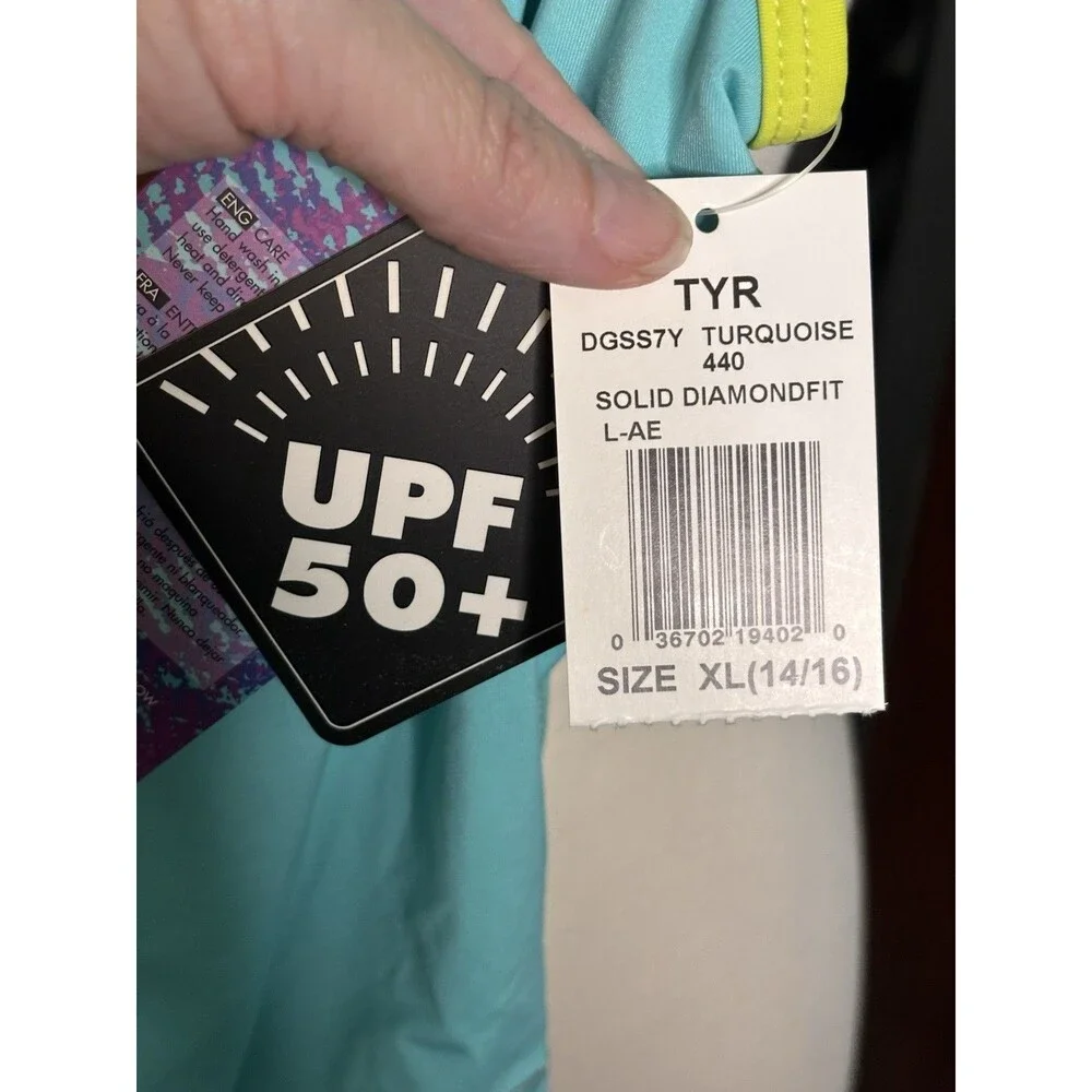 New TYR Turquoise Girls UPD 50+ One Piece Swimsuit XL 14/16